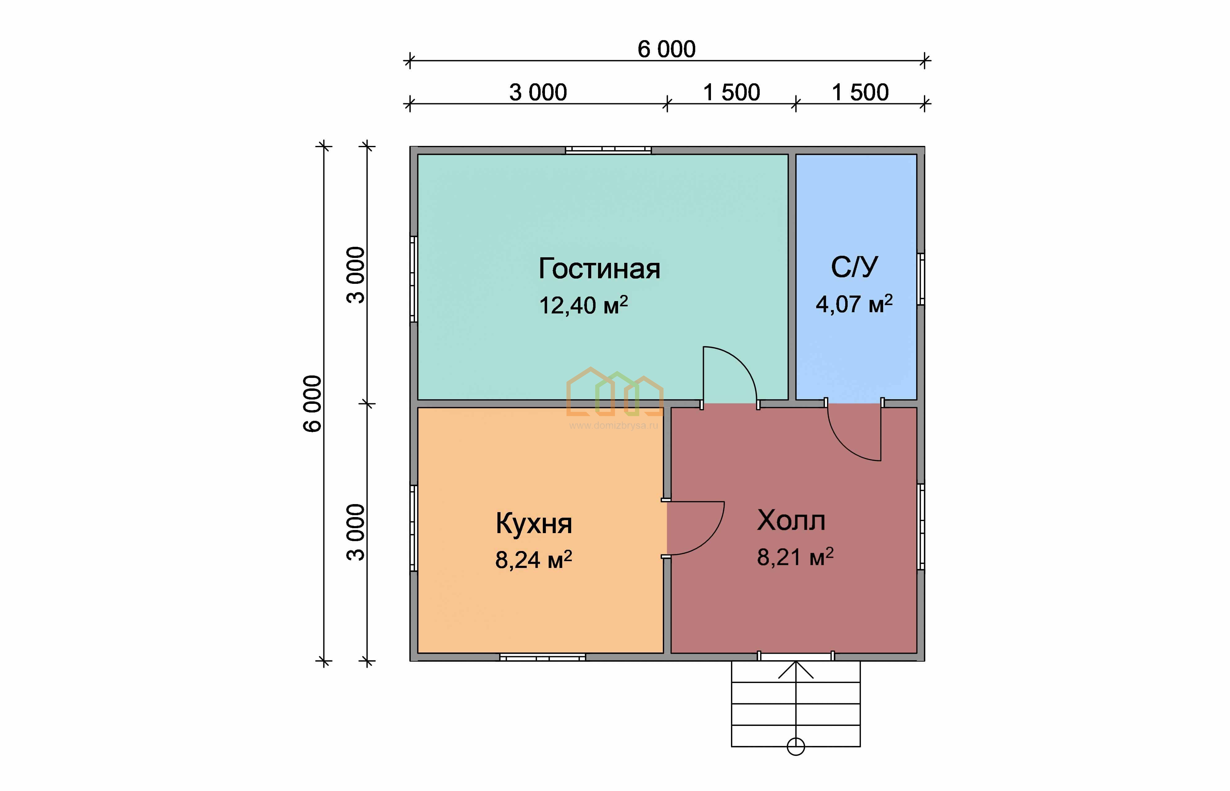 Дом из бруса одноэтажный 6х6 купить в Кольчугино цена 798000, площадь: 36  м2, Брус 90х140 мм. с верандой